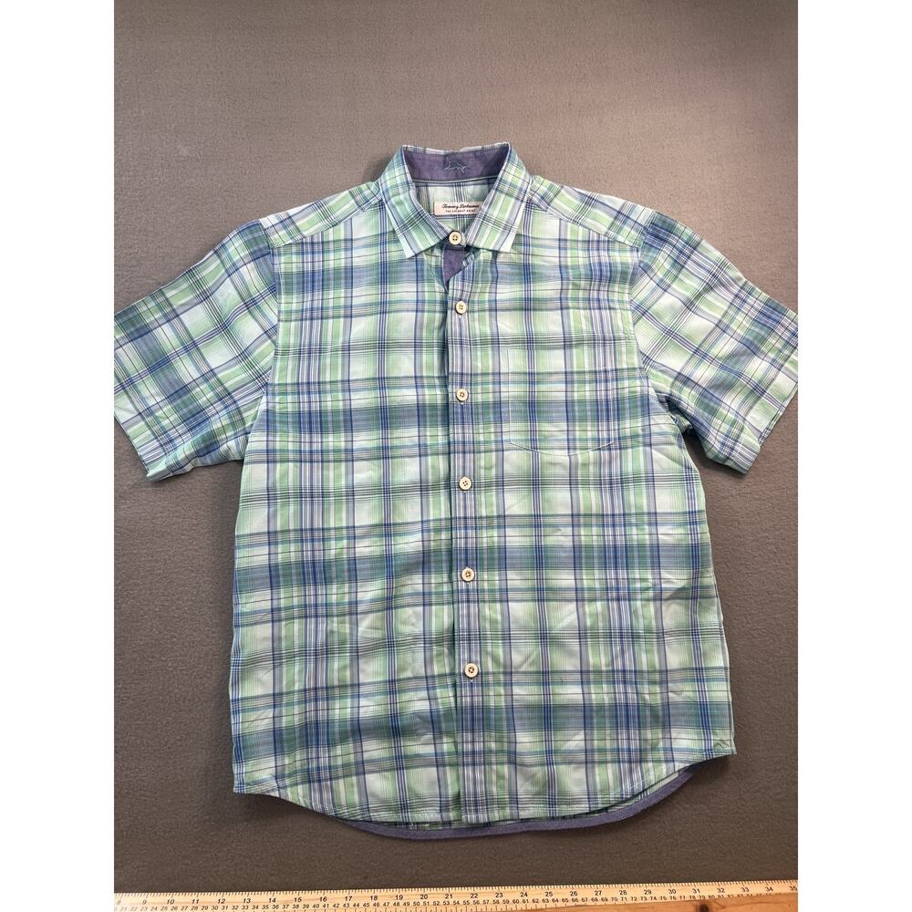 Tommy Bahama Men's MED Blue Green Plaid Button-Up Shirt with Pockets